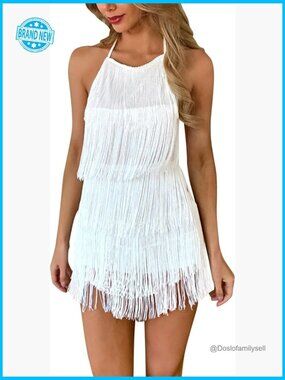 Halter Tassel Fringe Backless Romper Jumpsuit Sleeveless Bodycon Mini Dressy